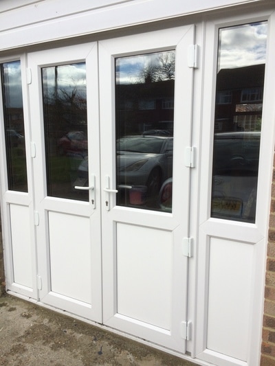 French doors high security double glazed UPVC  white and side panels