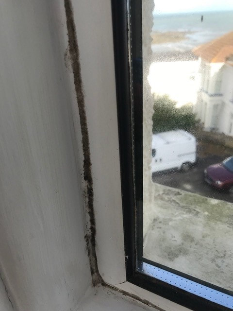 Old aluminum window with mould and condensation