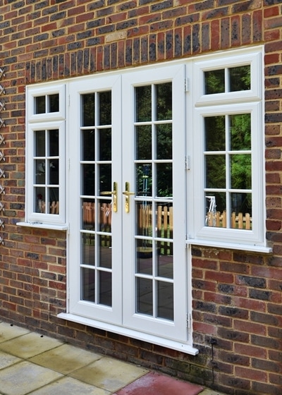 French doors high security double glazed UPVC  white and side panels Georgian bar