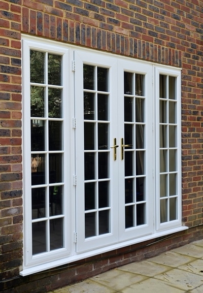 French doors high security double glazed UPVC  white and side panels Georgian bar